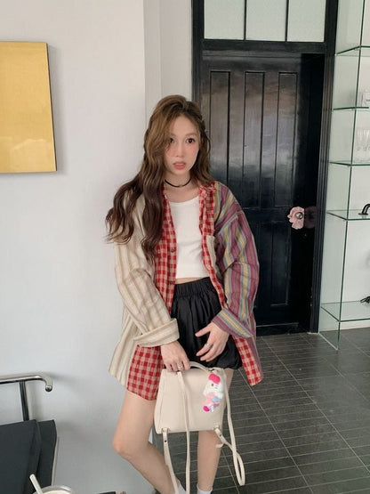 新商品 切り替え 個性的なデザイン チェック柄 ストライプ柄 シャツ E-9155