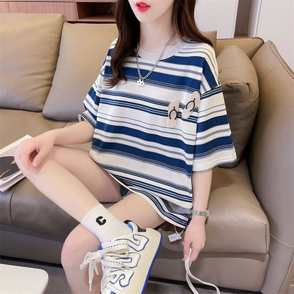 存在感抜群 ストライプ柄 トレンドアイテム カジュアル ゆったり 全2色 半袖TシャツE-9322