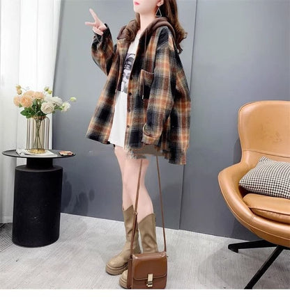 【裏起毛】好感度UP カジュアル 定番シンプル チェック柄 2色選択 プラスベルベット シャツ E-9685