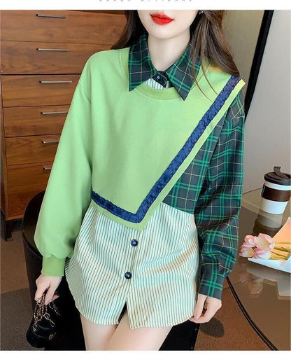 デザイン性抜群 切り替えスウェット レイヤード風 グリーントップスE-4120