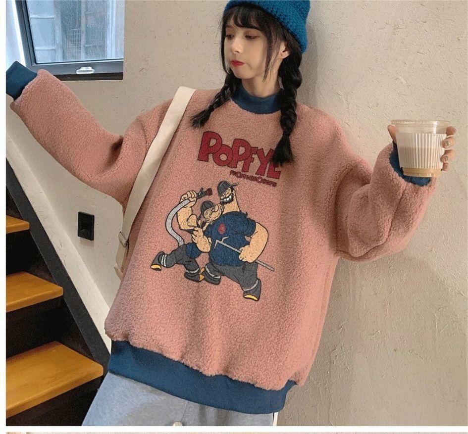 韓国系ふわふわグラフィックロゴボアスウェットトップス全2色E-4208