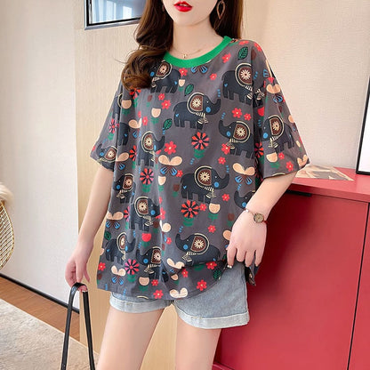 【半額！期間限定！！】絶対欲しい カジュアル キュート プリント ゆったり 2色半袖Tシャツ＜ins-8470＞