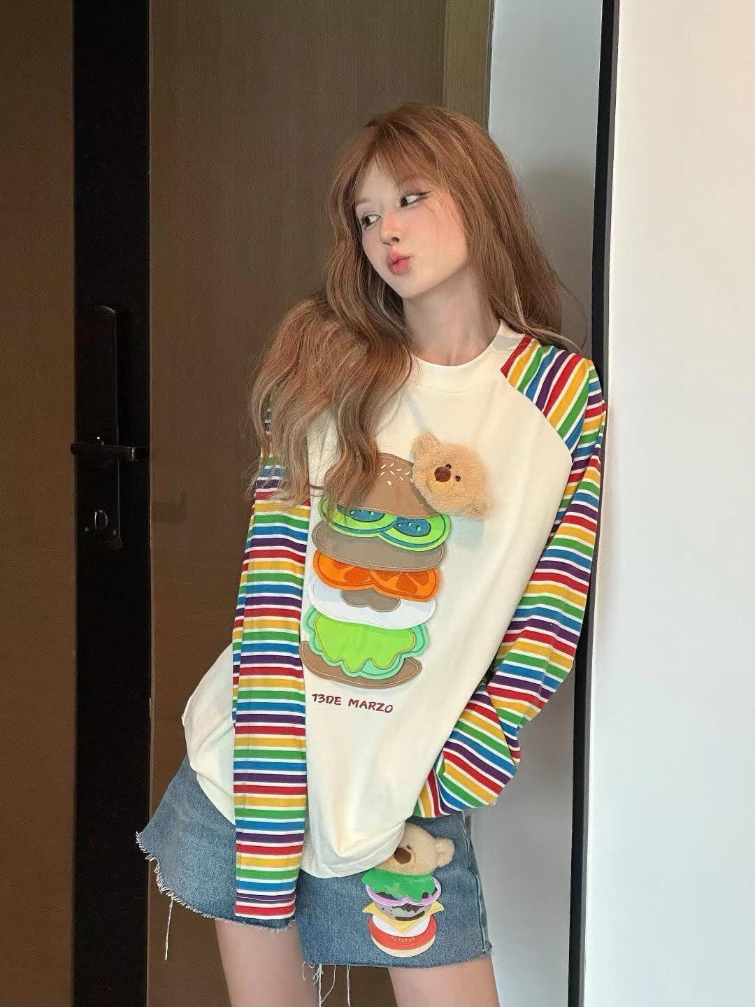 都市ファッショ デザイン オシャレ 大人可愛い 着心地良い プリント ストライプ柄 半袖TシャツE-9332