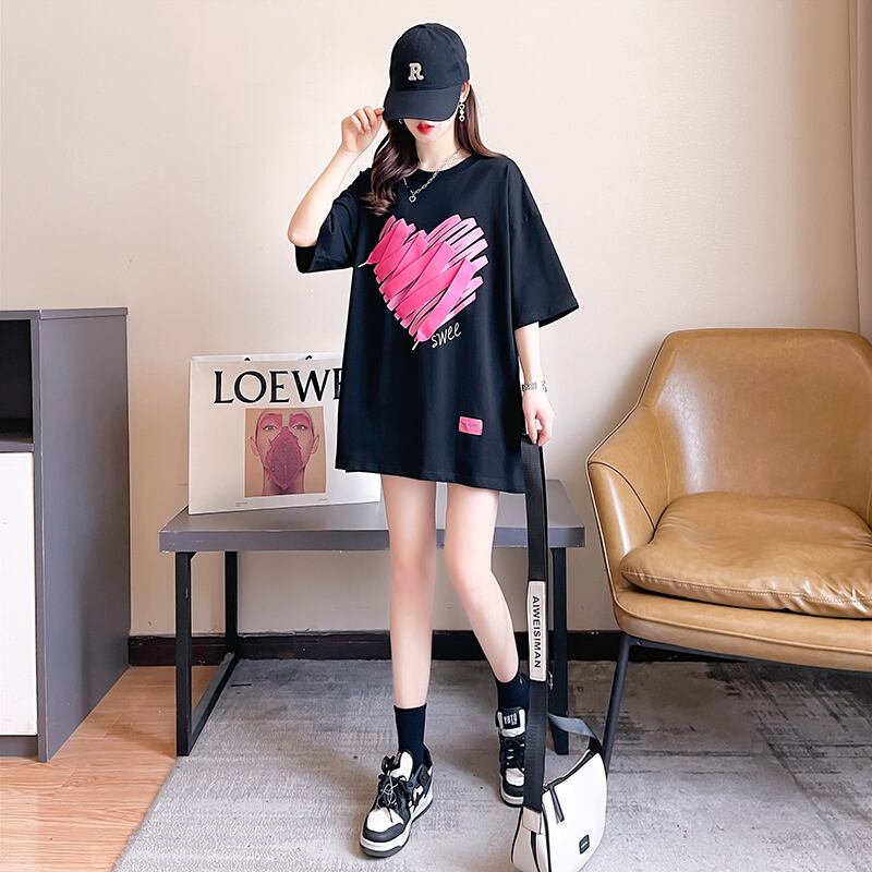 柔らかくて優しい印象 ゆったり ファッション感満々 ロング丈 3色半袖TシャツE-9206