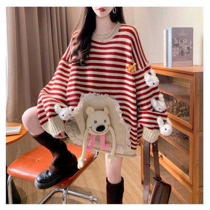 スタイルアップ効果抜群 ストライプ柄 個性的なデザイン 2色選択ニットトップスE-10585