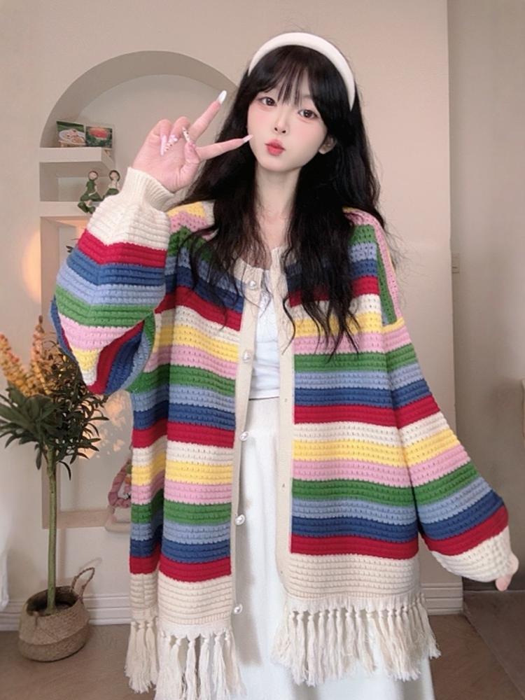 人気爆発中 タッセル 柔らかくて優しい印象 カラーマッチング ニットトップスE-10574