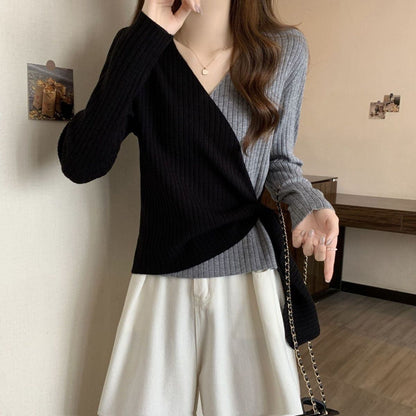 都市ファッショ デザイン オシャレ 個性的なデザイン 切り替え 2色選択 ニットトップスE-9574