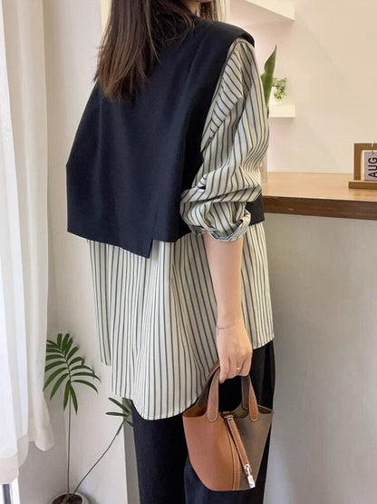 存在感抜群 レイヤード風 トレンドアイテム ストライプ柄 切り替え シャツ E-9555