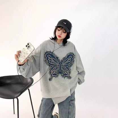 都市ファッショ デザイン オシャレ おしゃれ度高め 刺繍 ホットダイヤモンド カジュアル 3色選択 パーカーE-9290