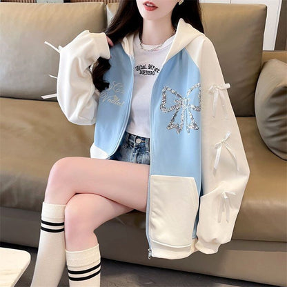 絶対流行 スウィート スタイルアップ スパンコール切り替え 2色選択 パーカー トレーナー レディース フード付き カーディガン E-9420