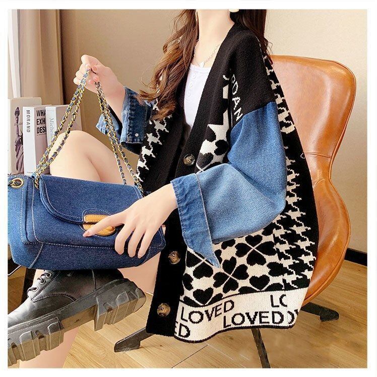 都市ファッショ デザイン オシャレ デニム切り替え 全2色 ニットカーディガンE-9377