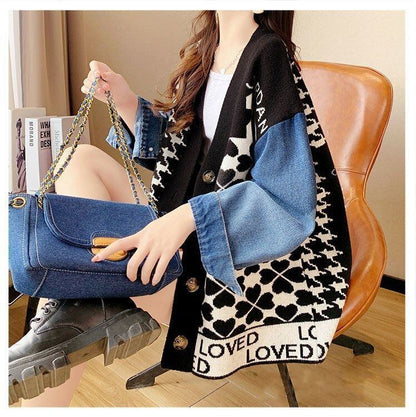 都市ファッショ デザイン オシャレ デニム切り替え 全2色 ニットカーディガンE-9377