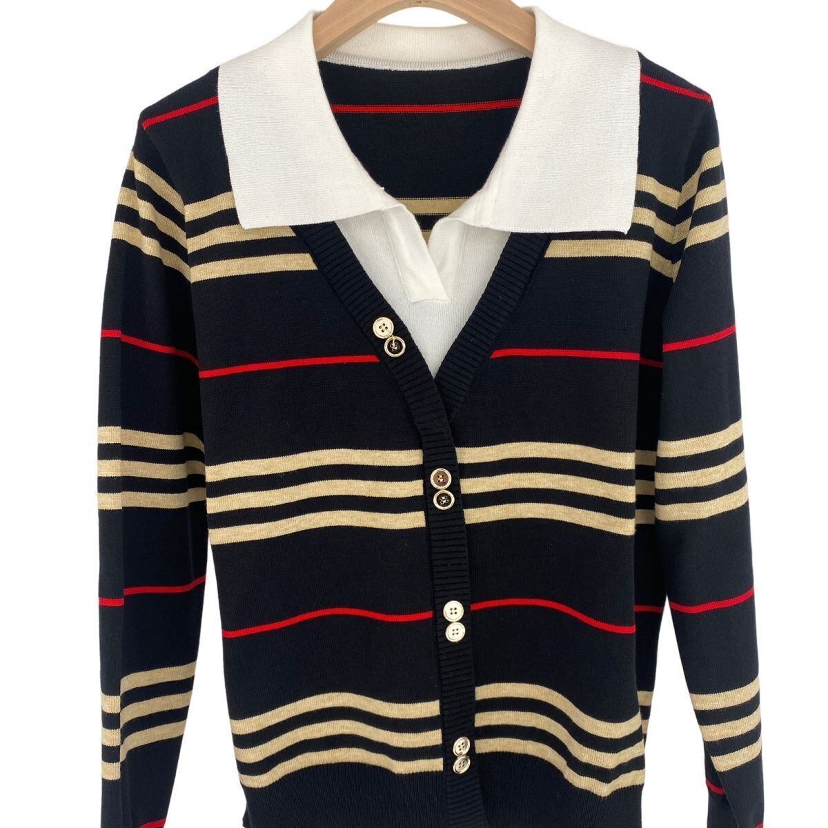 早い者勝ち 定番シンプル 好感度UP レイヤード風 ストライプ柄 2色選択 ニットトップスE-9575