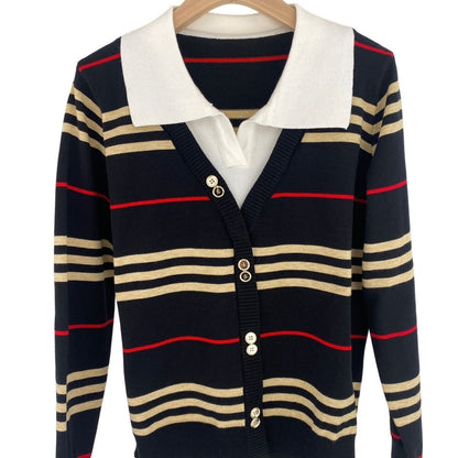 早い者勝ち 定番シンプル 好感度UP レイヤード風 ストライプ柄 2色選択 ニットトップスE-9575