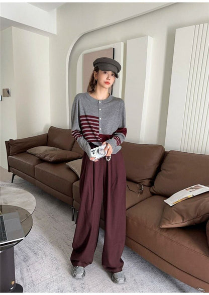 都市ファッショ デザイン オシャレ 切り替え ストライプ柄 ニットトップスE-9581