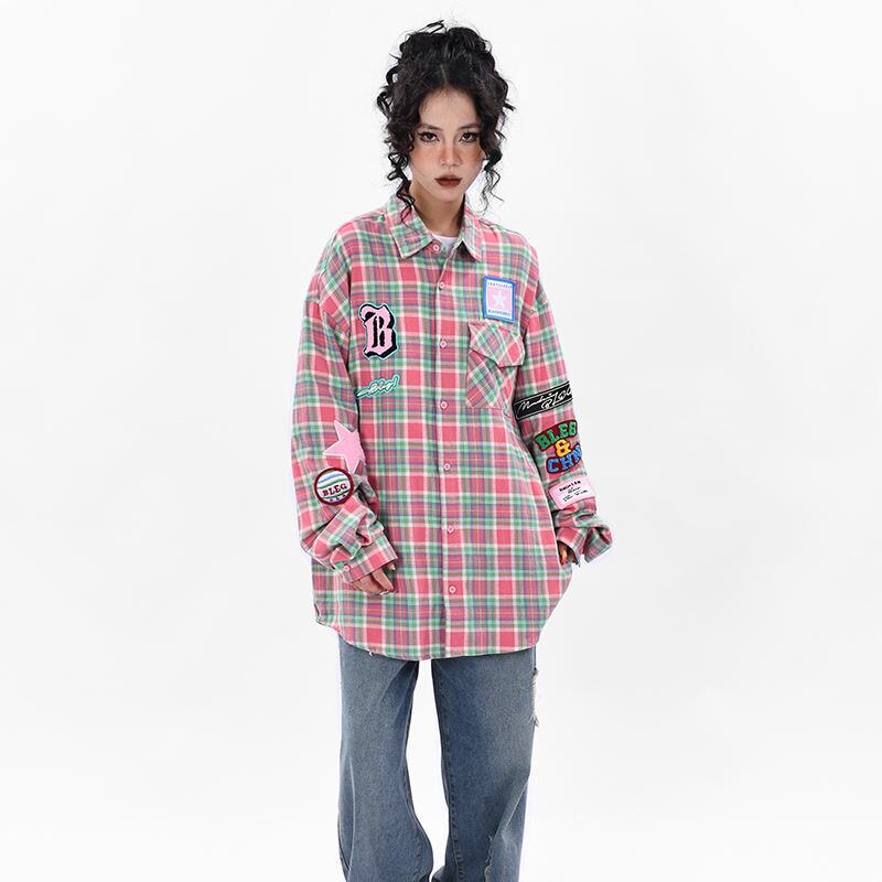 新商品 アバンギャルド 大活躍 カジュアル 刺繍 チェック柄 全2色 男女兼用 シャツ E-9167