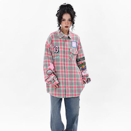 新商品 アバンギャルド 大活躍 カジュアル 刺繍 チェック柄 全2色 男女兼用 シャツ E-9167