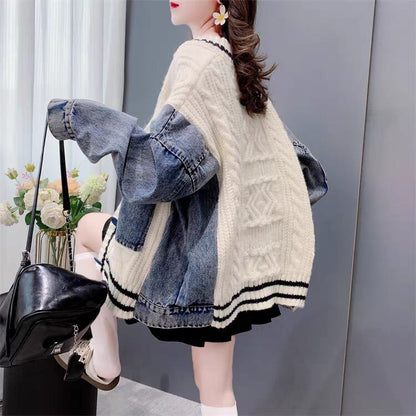 存在感抜群 おしゃれ度高め トレンドアイテム デニム 切り替え 2色選択 ニットトップスE-9724