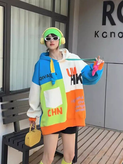 話題沸騰中 切り替え 目を奪われる カラーマッチング カジュアルプリント 3色 パーカー E-10522