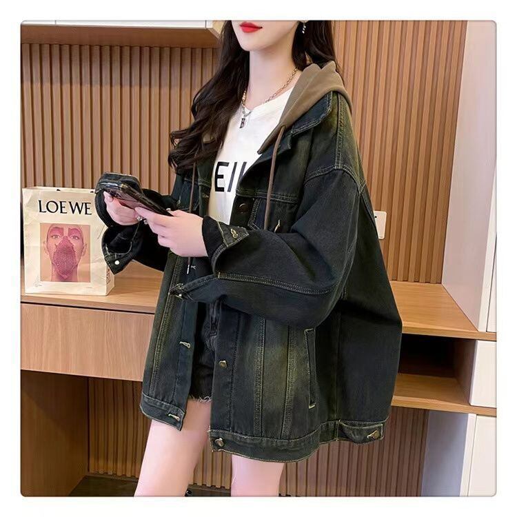 おすすめ トレンドアイテム 存在感抜群 フード付き デニムジャケットゆったりコートE-9888