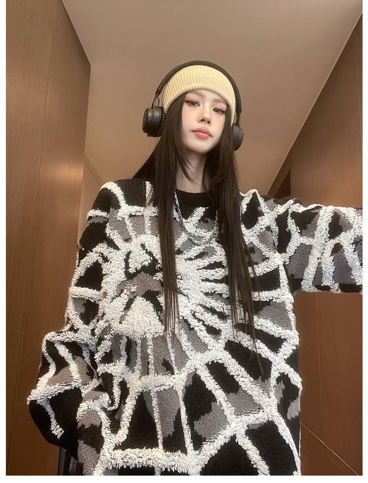 おしゃれ度アップビッグ刺?ロゴゆったりニットセーター全2色   E-4572