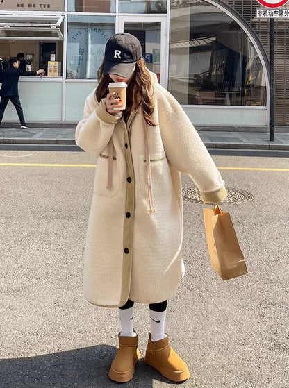 着回し力抜群 暖かい服,ゆったりとしたアウターウェア カジュアル フェイク ラムウール ロング コート E-9983