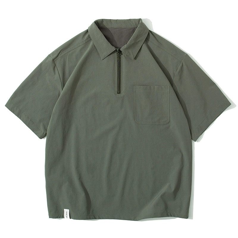 新作 ルーズシルエット ハーフジップ ポケット付き Tシャツ E-13134