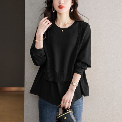 売り切れ必至 スタイルアップ 上質 エレガント レイヤード風 切り替え 3色選択 ニットトップスE-9576