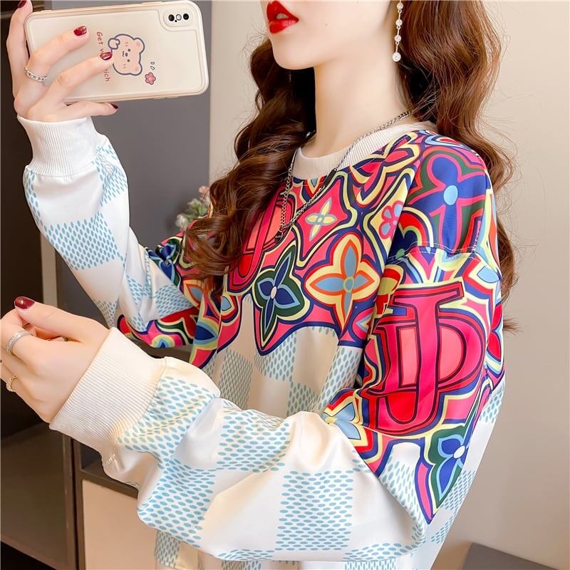 スタイリッシュ ラウンドネック 女性力を高める プリント スウェット パーカーE-2791