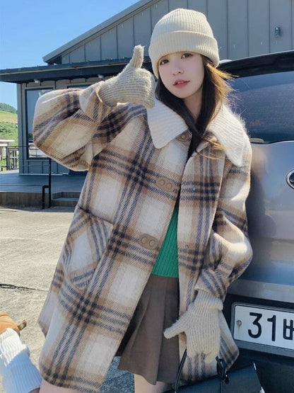 絶対欲しい チェック柄 高級感溢れる 2色選択 ミドルレングス コート E-9740