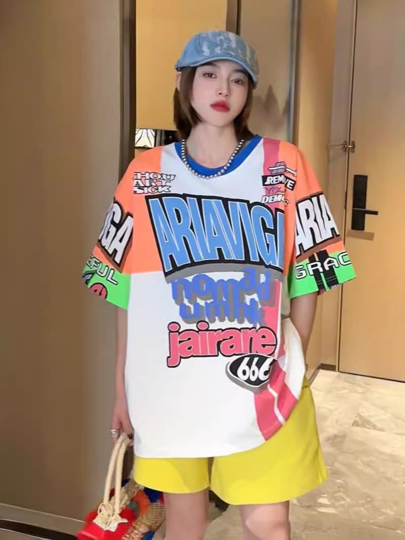 スタイルアップ効果抜群 レース アバンギャルド ダブルプリント全2色 半袖TシャツE-8980