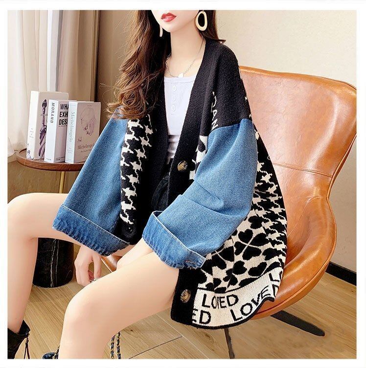 都市ファッショ デザイン オシャレ デニム切り替え 全2色 ニットカーディガンE-9377