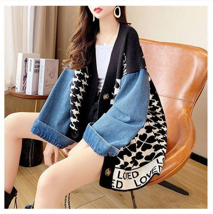 都市ファッショ デザイン オシャレ デニム切り替え 全2色 ニットカーディガンE-9377