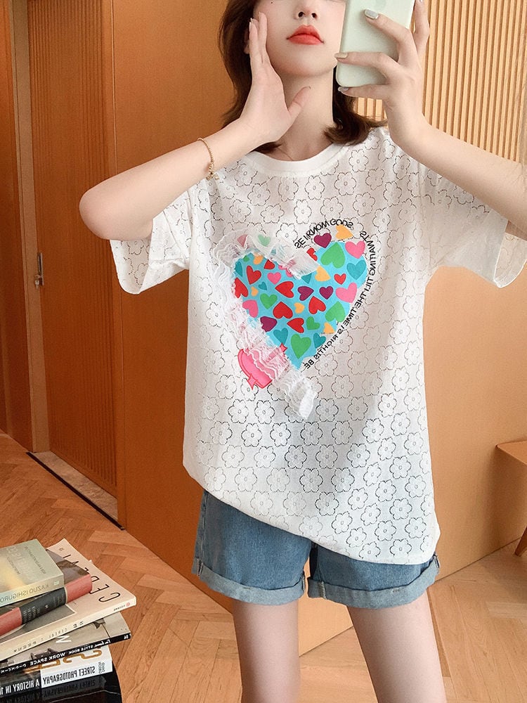 新商品 キュート 透かし彫り ゆったり 半袖Tシャツ＜ins-8422＞