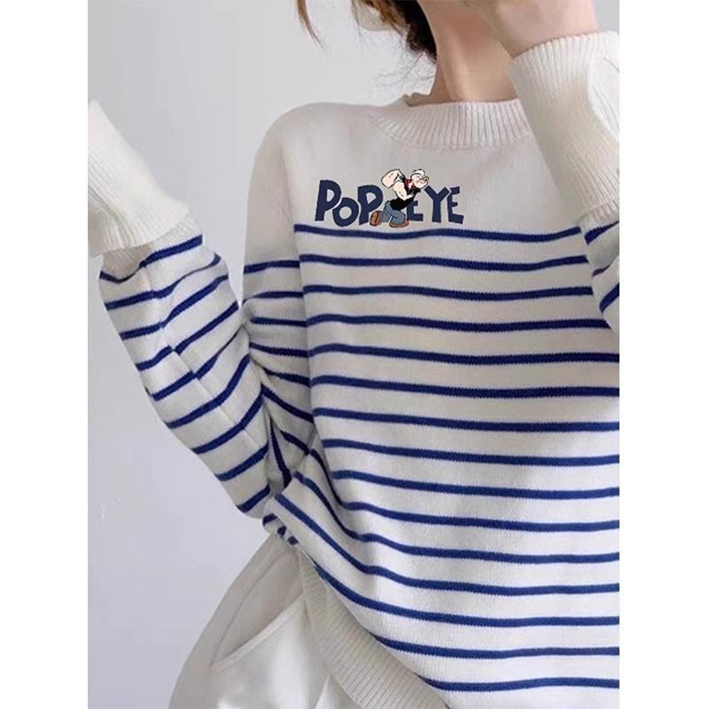 都市ファッショ デザイン オシャレ 気質アップ ストライプ柄 ニットトップスE-9661