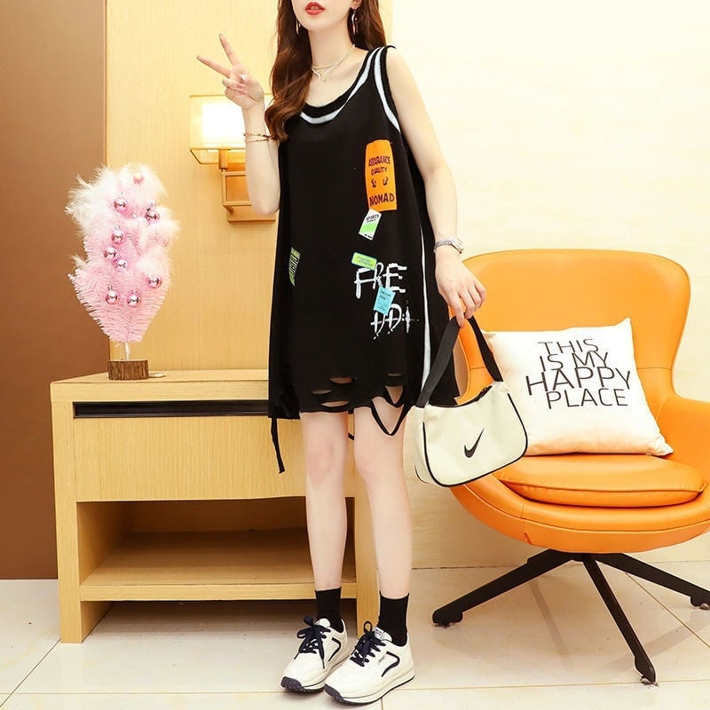 今季マストバイ ダメージ加工 デザイン性抜群 プリント全2色 ノースリーブ Tシャツ カットソーE-9141