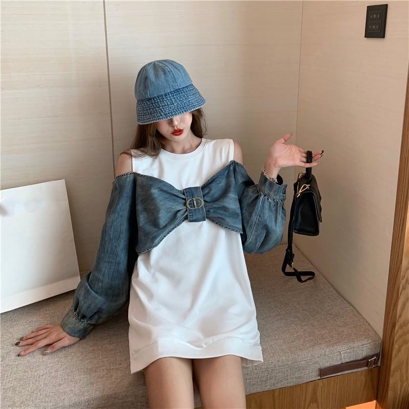 スタイリッシュ ラウンドネック 一目惚れ 切り替え 蝶結び スウェット パーカーE-2849