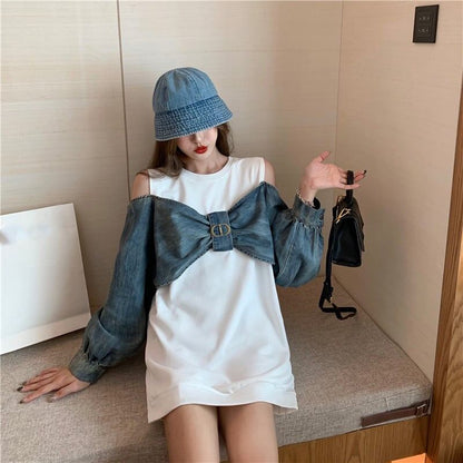 スタイリッシュ ラウンドネック 一目惚れ 切り替え 蝶結び スウェット パーカーE-2849