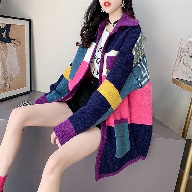 着心地良い 折り襟 大好評 長袖 切り替えカーディガンE-2193