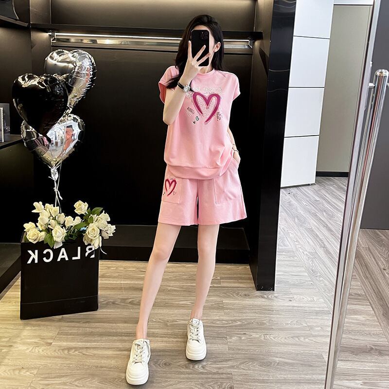 超人気 ホットダイヤモンド カジュアル プリント 半袖Tシャツ ショートパンツ セットアップ E-9215