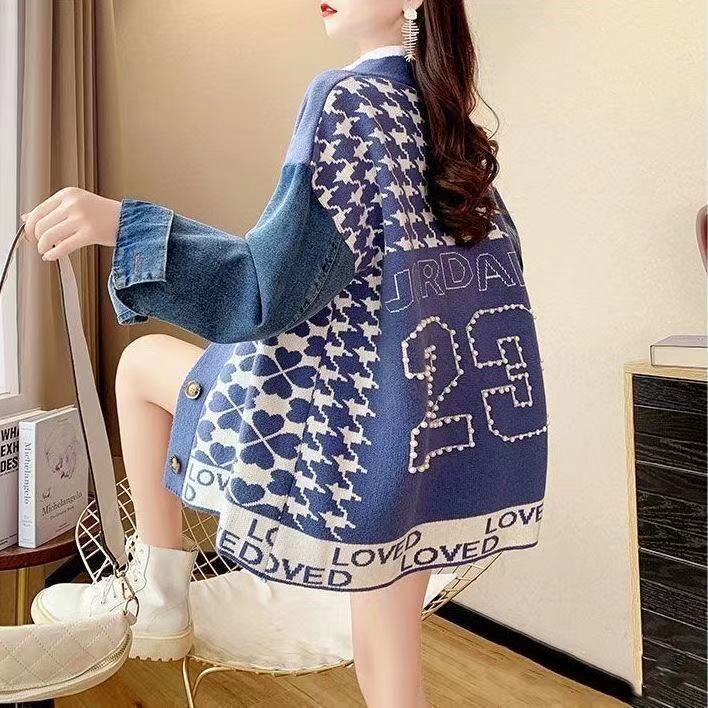 都市ファッショ デザイン オシャレ デニム切り替え 全2色 ニットカーディガンE-9377