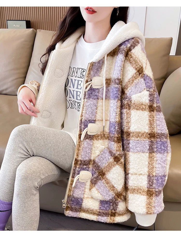 絶対流行 カジュアル 柔らかくて優しい印象 チェック柄 2色選択 ラムフリース コート ボアジャケットE-9854