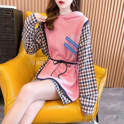 レイヤード風  チェック柄 ロングパーカ全3色トップスE-4803