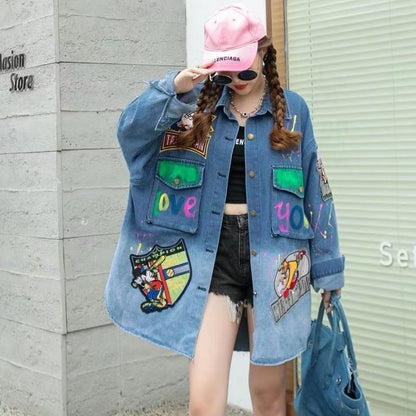 大活躍 刺ロゴ 落書きストレート系 デニムジャケットゆったりコートiEf-4764