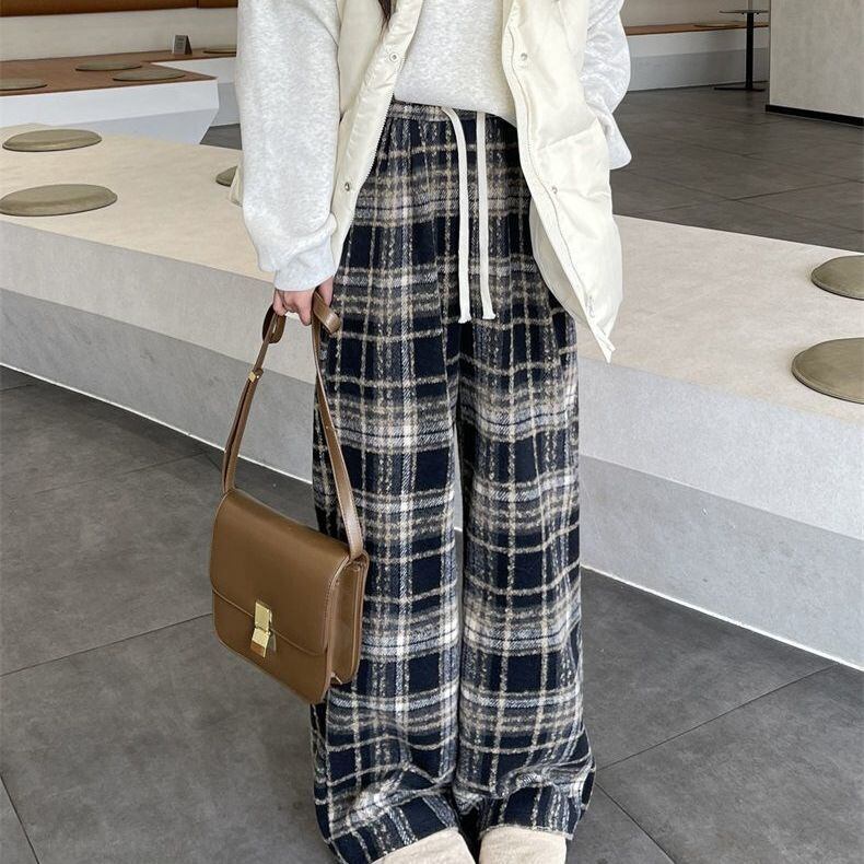 着回し力抜群 チェック柄 おしゃれ度高め 3色選択 ウールワイドレッグパンツ E-9757