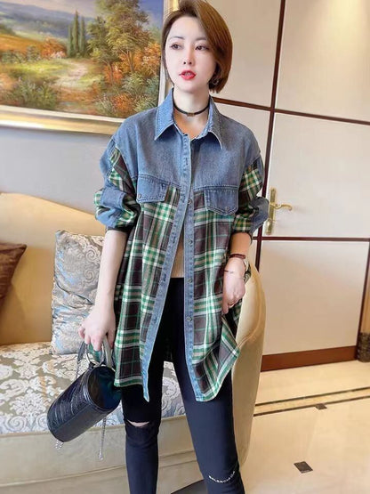 今季マストバイ 着心地良い 絶対欲しい チェック柄 切り替え デニム シャツ E-9266