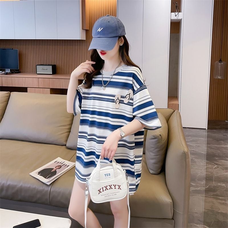 存在感抜群 ストライプ柄 トレンドアイテム カジュアル ゆったり 全2色 半袖TシャツE-9322