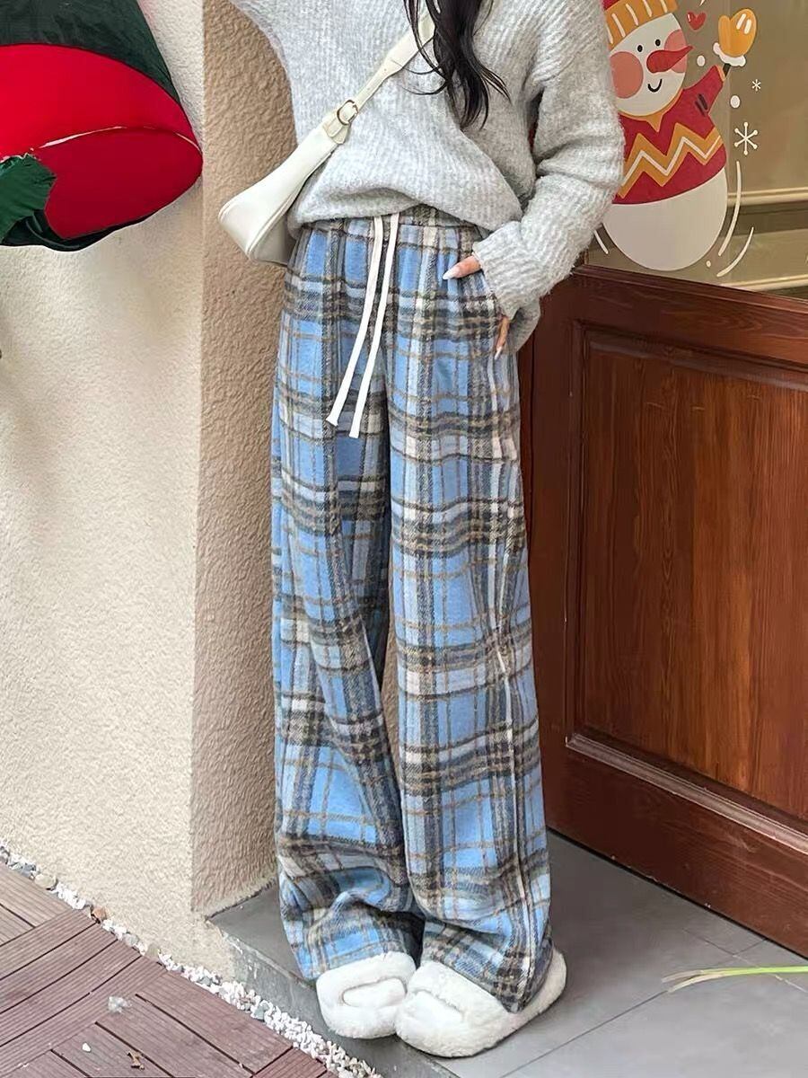 着回し力抜群 チェック柄 おしゃれ度高め 3色選択 ウールワイドレッグパンツ E-9757