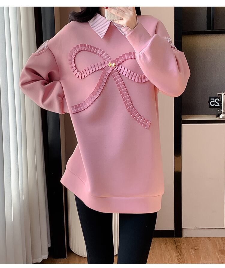 好感度UP レイヤード風 柔らかくて優しい印象 切り替え プラスベルベット 全3色 スウェットE-9809