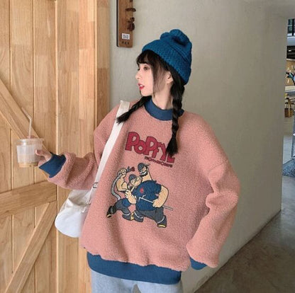 韓国系ふわふわグラフィックロゴボアスウェットトップス全2色E-4208